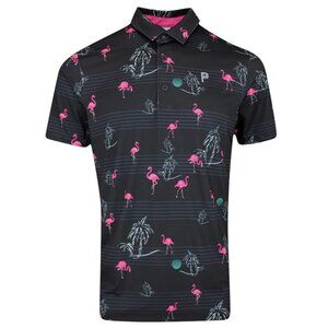 Puma Palm Tree Crew Golf Shirt Black Print Button Down Tropical Flamingo Small